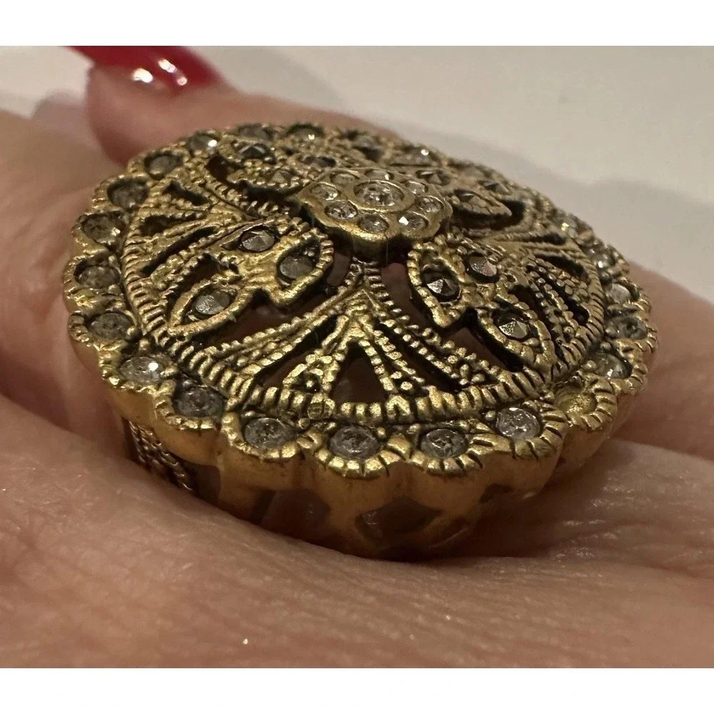 Filigree Shield Gold Tone CZ & Marcasite Rhinestone Cocktail Ring Sz 6 Statement